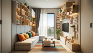 Stylish small apartment living room in Sydney with space-saving furniture by The DreamCatcher Interiors and Lifestyle.