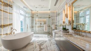 Luxurious bathroom renovation in Sydney featuring a freestanding bathtub, marble tiles, and gold fixtures by The DreamCatcher Interiors and Lifestyle